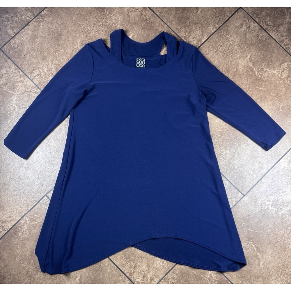 Clara Sun Woo Top Small Cold Shoulder Tunic Royal Blue Shark Bite Hem 3/4 Sleeve